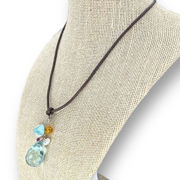 Bohemian Looks Necklace Glass & Pearl Beads Dangle Pendant Leather Cord - Picture 3 of 6